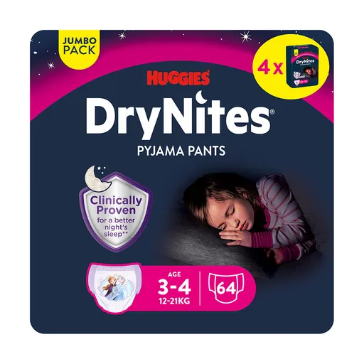 Huggies DryNites Natahovací kalhotky pro dívky 3–4 roky 12–21 kg JUMBO 4x16 ks