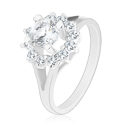 Prsten s lesklými rozdvojenými rameny, zářivý čirý zirkonový kvítek - Velikost: 53