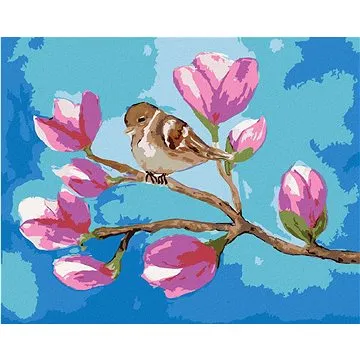 Sedící vrabec na větvi s květy magnólie, 40×50 cm, bez rámu a bez vypnutí plátna (6044530)