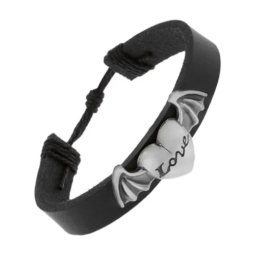 Kožený náramek černé barvy, velké vypouklé srdce s nápisem a křídly