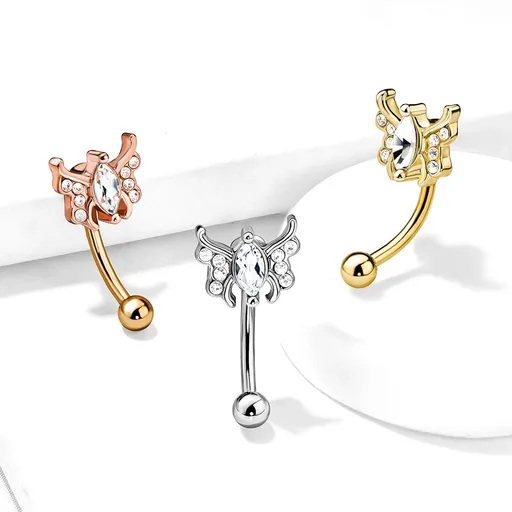 Zahnutý ocelový piercing do obočí - motýl s bříškem a křídly z čirých kamínků - Barva: Měděná