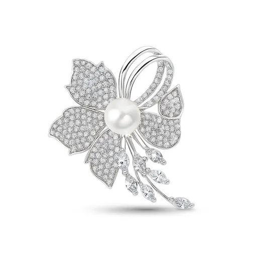 Troli Třpytivá květinová brož s umělou perlou Silver