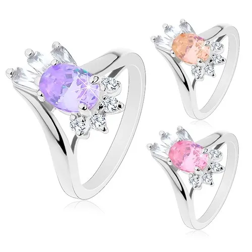 Prsten stříbrné barvy, velký oválný zirkon, obdélníkové a kulaté zirkonky - Velikost: 48, Barva: Růžová