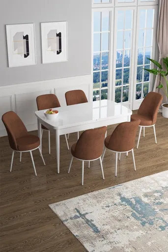 Extendable Dining Table & Chairs Set (7 Pieces) Han - White, Tile Red