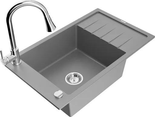 MEXEN/S Elias granitový dřez 1 s odkapávačem včetně baterie Elia, šedá 6511-71-670101-00