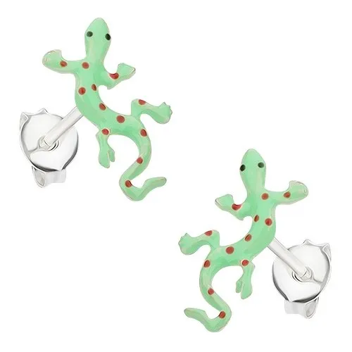 Stříbrné 925 náušnice, zelená ještěrka s červenými tečkami, glazura