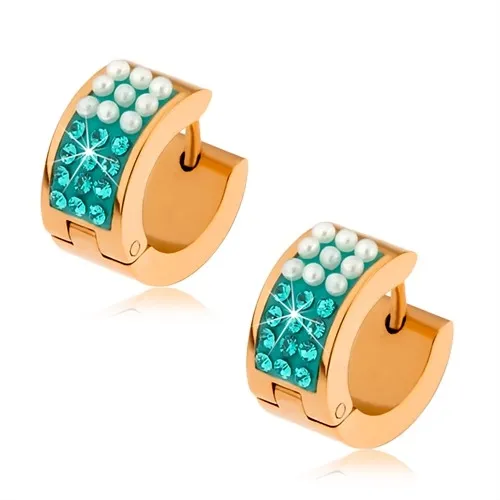 Ocelové náušnice zlaté barvy, perleťově bílé kuličky, tyrkysové zirkony