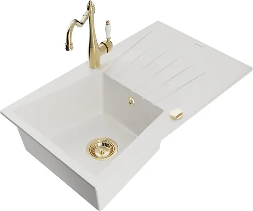 MEXEN/S Cesar granitový dřez 1-miska s odkapávačem včetně baterie Carla, bílá 6514-20-670700-50