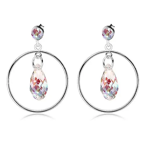 Stříbrné náušnice 925, tenký kroužek, duhová kapka z krystalu Swarovski
