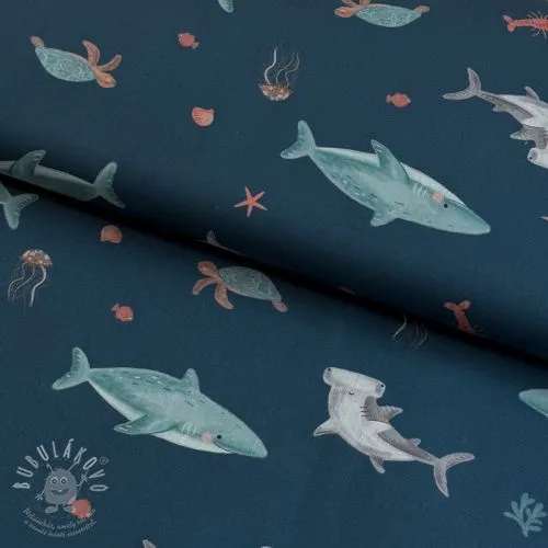 Bavlněná látka Sea life petrol digital print