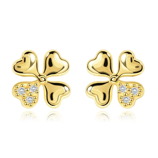 Diamantové náušnice ze žlutého 14K zlata - čtyřlístek ze čtyř srdíček