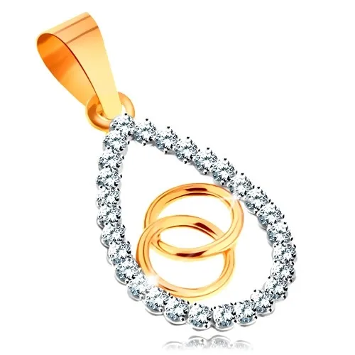 Zlatý přívěsek 585 - čirý zirkonový obrys velké kapky, propojené kroužky