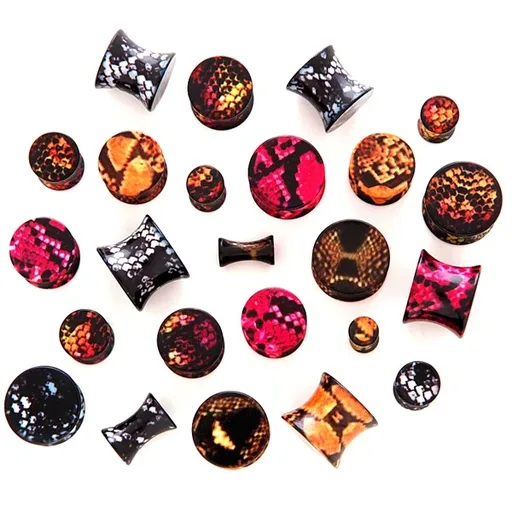 Piercing do ucha - plug, barevný vzor hadí kůže - Tloušťka : 10 mm, Barva piercing: Růžová