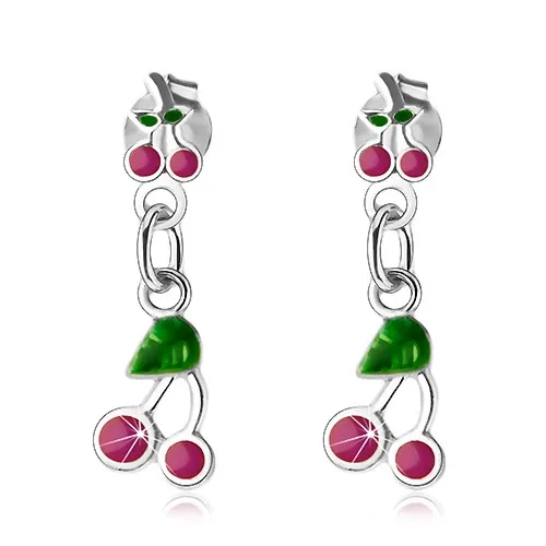 Visací náušnice, stříbro 925, třešně s růžovofialovou a zelenou glazurou