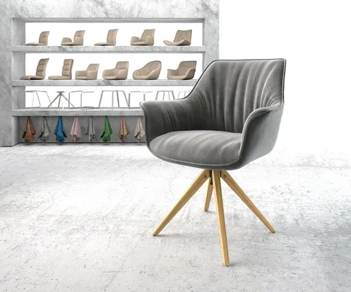 Otočná židle Keila-Flex s područkami šedá samet dřevěná podnož