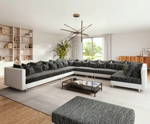 Pohovka ve tvaru "U" Clovis XXL bílá černá s taburetem lenoška