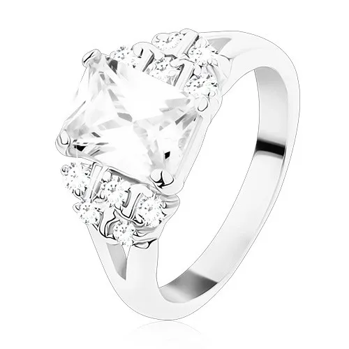 Prsten s rozdělenými rameny, čirý zirkonový obdélník, kulaté zirkony - Velikost: 60