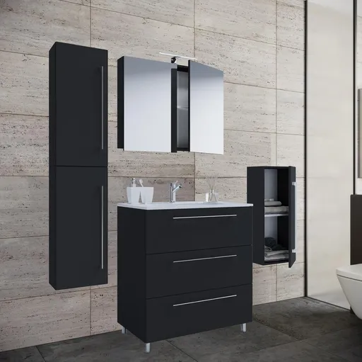 VCM 5dílná stojící umyvadlová skříňka Badinos 3 zásuvky 80 cm se zrcadlem, střední a vysokou skříňkou, černá