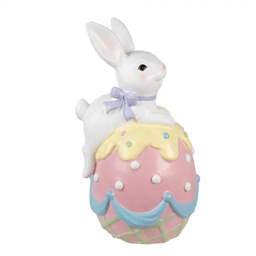 Dekorace socha bílý králík s mašlí na barevné kraslici - 32*28*55 cm Clayre & Eef