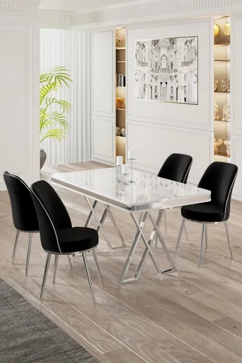 Dining Table & Chairs Set (5 Pieces) Vals - White, Chrome, Black
