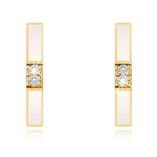 Náušnice ve žlutém 14K zlatě - bílý zalomený proužek, dva čiré zirkonky uprostřed