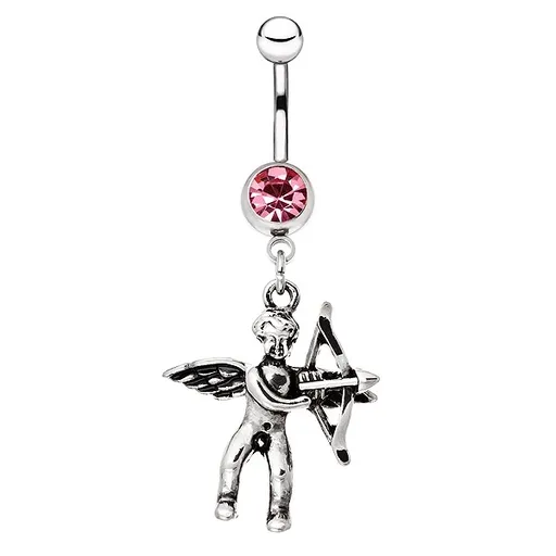 Piercing do pupíku z oceli - nahý bůžek lásky s lukem a šípem - Barva zirkonu: Červená - R