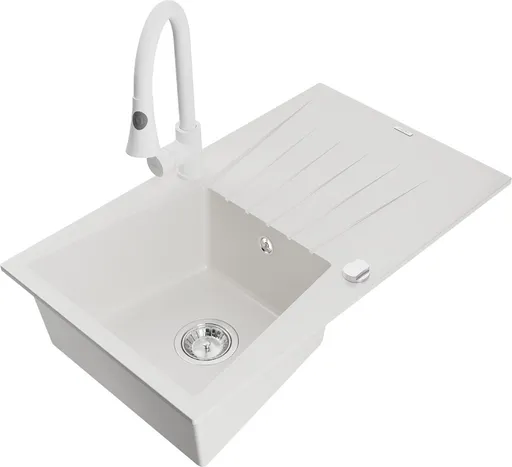 MEXEN/S Cesar granitový dřez 1 s odkapávačem včetně baterie Elia, bílá 6514-20-670101-20