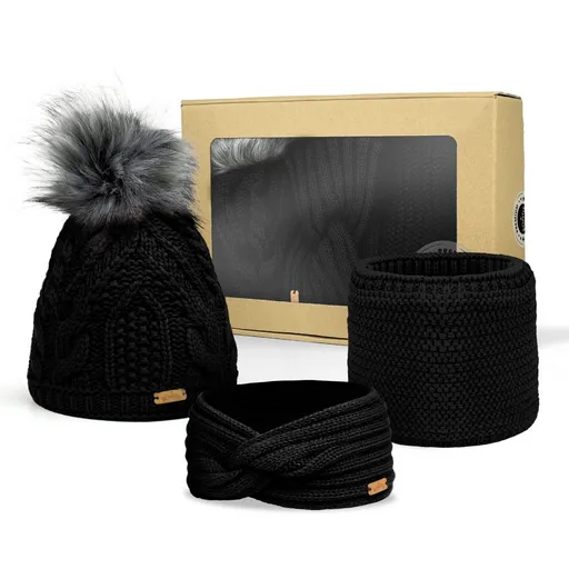 Bontis Dárkové balení: Dámská čepice s bambulí, čelenka a nákrčník - Černá