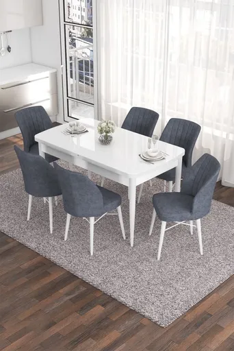 Extendable Dining Table & Chairs Set (7 Pieces) Eva - White, Fume