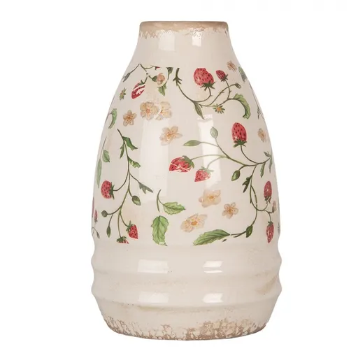 Béžová keramická váza s jahůdkami Wild Strawberries S - Ø 17*27 cm Clayre & Eef