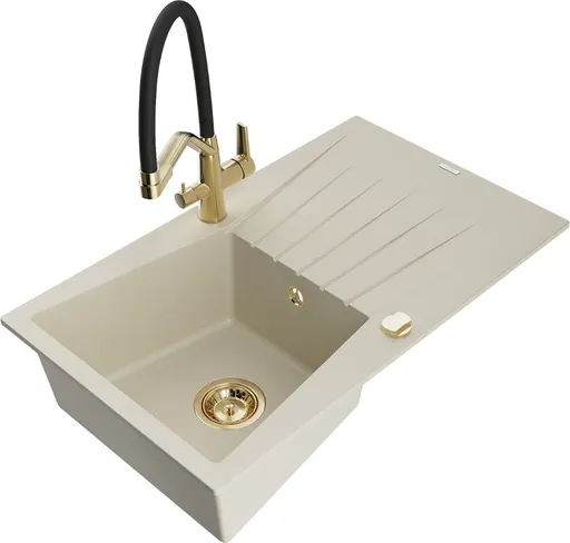 MEXEN/S Cesar granitový dřez s odkapávačem včetně baterie Duo, béžová 6514-69-671701-57-G