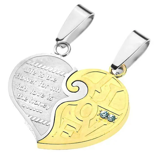 Přívěsky pro dvojici - rozpůlené matné srdce, zamilovaný nápis