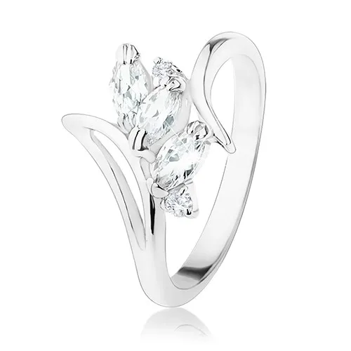 Prsten se zahnutými rameny a výřezem, čiré zrnkovité a kulaté zirkony - Velikost: 55