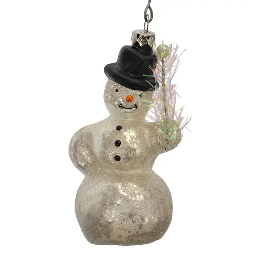 Stříbrno-bílá antik skleněná závesná ozdoba sněhulák - Ø 5*10 cm 6GL4718