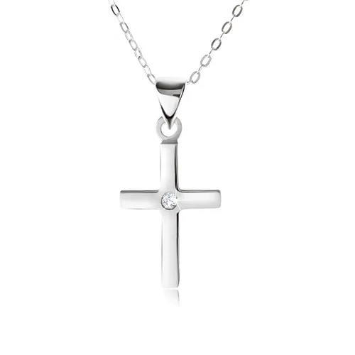 Náhrdelník ze stříbra 925, řetízek a lesklý hladký křížek, čirý zirkon