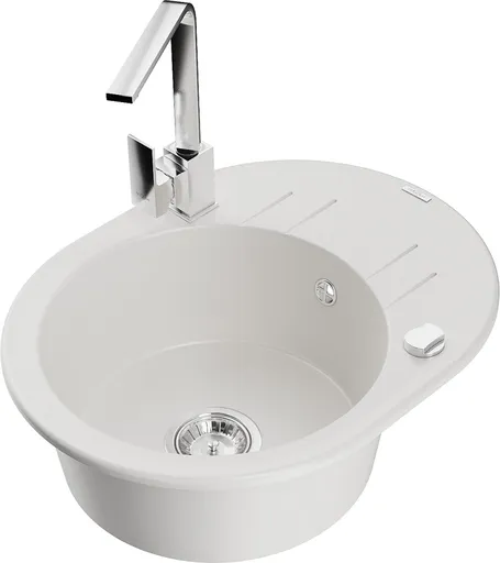 MEXEN/S Kevin granitový dřez s odkapávačem včetně baterie Rita, bílá 6517-20-670300-00