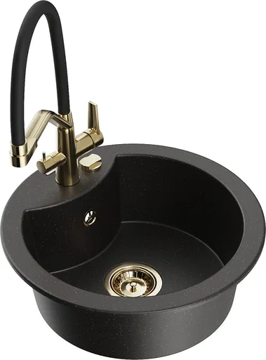 MEXEN/S Diego granitový dřez 1-miska včetně baterie Duo, černá/zlatá metalik 6512-75-671701-57-G