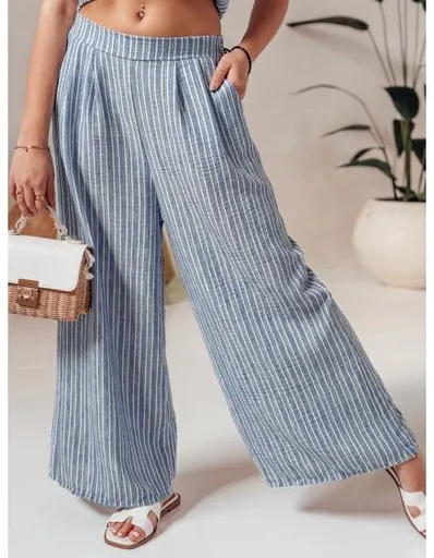 Pruhované dámské kalhoty MODERESS se širokými nohavicemi modré