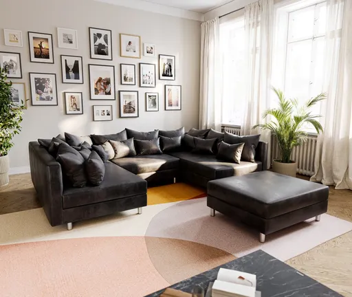 Pohovka ve tvaru "U" Clovis antracitová modulární taburet