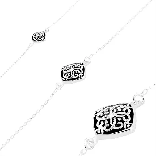 Náramek ze stříbra 925, černý kosočtverec s ornamentem, tenký řetízek