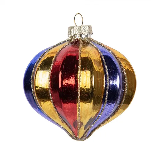Zlatá skleněná ozdoba špičatá baňka s barevnými pruhy - Ø 8*8 cm Clayre & Eef