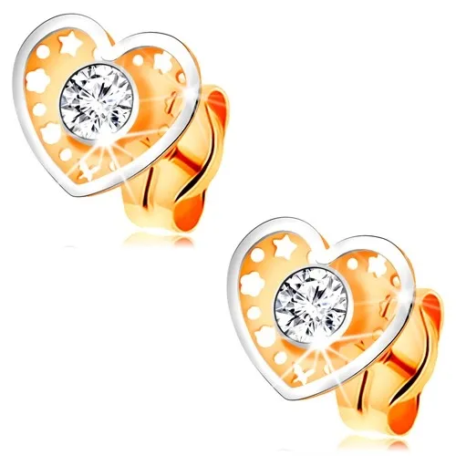 Dvoubarevné náušnice ve 14K zlatě - srdíčko s drobnými výřezy a čirým zirkonem