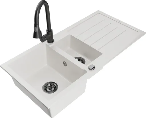 MEXEN/S Andres granitový dřez s odkapávačem včetně baterie Elia, bílá 6515-20-670101-70
