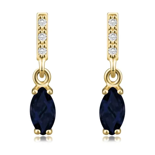 Náušnice ze 14K žlutého zlata - proužek s čirými zirkony, modré zrno