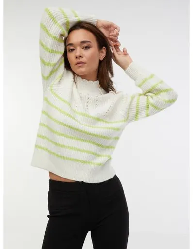 Zeleno-bílý dámský pruhovaný svetr s příměsí vlny