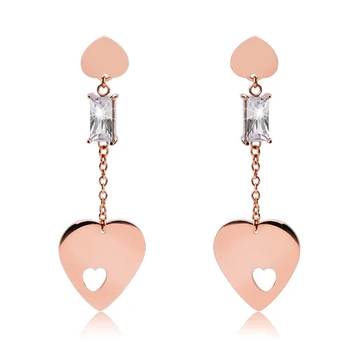 Visací srdíčkové náušnice z chirurgické oceli měděné barvy s čirým krystalem