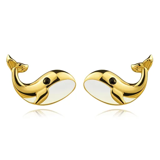 Zlaté náušnice ze 14karátového žlutého zlata - velryba s bílým břichem, černý zirkon