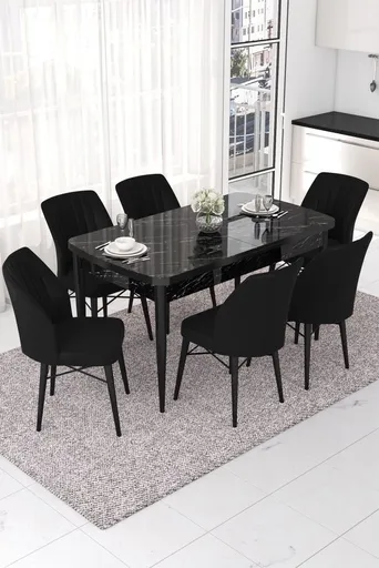 Extendable Dining Table & Chairs Set (7 Pieces) Nef - Black Marble, Black