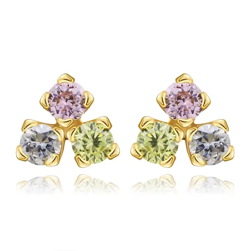 Náušnice ze 14K žlutého zlata - tři barevné zirkony ve světlých odstínech