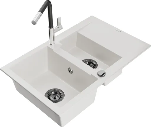 MEXEN/S Gaspar granitový dřez 1.5 s odkapávačem včetně baterie Flora, bílá 6507-20-670401-07-B